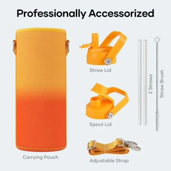 Buzio Duet Series Water Bottle with 2 Lids and Sleeve 1.2L - Yellow Orange
